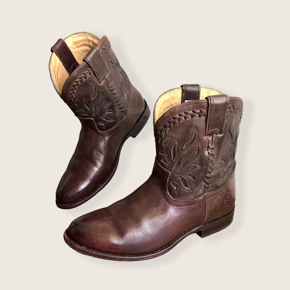 RARE Frye Wyatt Overlay Brown Leather Short Western/Southern Festival CowboyBoot - Picture 5 of 13